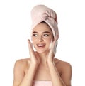 Young woman washing face with soap on background Royalty Free Stock Photo