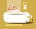 Young Woman Hair Washing In Bath, Flat Vector Stock Illustration With Shampooing As Hair Care Or Washing In Bath With Bubbles Royalty Free Stock Photo