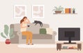 Young woman watch TV. Girl lying on couch with coffee mug and watching television show series vector illustration