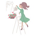 Young woman watering beautiful flower in flowerpot. Illustration can be used for gardening, home planting and farming