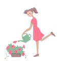Young woman watering beautiful flower in flowerpot. Illustration can be used for gardening, home planting and farming