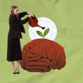 Young woman watering blossoming brain. Visual metaphor for cognitive development. Creation of a mental oasis and