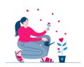 Young woman is watering flower in a pot. Heart-shaped flower symbolizes love. Illustration in a flat style Royalty Free Stock Photo
