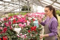 Young woman watering flowers in greenhouse Royalty Free Stock Photo