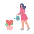 Young Woman Watering Heart Growing in Flower Pot, Symbol of Love Vector Illustration Royalty Free Stock Photo