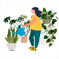 Young woman watering house plants. Vector illustration in flat style