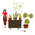 Young woman watering houseplants at home isolated composition, caring for indoor plants, hobby flat cartoon vector Royalty Free Stock Photo