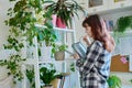 Young woman watering pots with plants from watering can, home interior Royalty Free Stock Photo