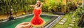 Young woman in a watermelon dress on a pool background. The concept of summer, diet and healthy eating BANNER, LONG Royalty Free Stock Photo