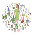 Young woman waters plants. Objects isolated on white. Symbol circle made of different garden objects.Flat style