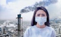 Young woman wear mask with air pollution background