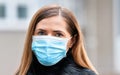 Young woman wearing disposable blue virus face mouth nose mask, closeup portrait. Coronavirus covid-19 outbreak prevention concept