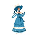 Young woman wearing elegant retro dress and hat decorated with bows and ruffles. Female character in fashionable clothes