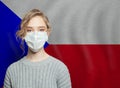 Young woman wearing a face mask with national flag Czech Republic. Flu epidemic and protection concept