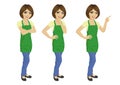 Young woman wearing green upron standing in different poses Royalty Free Stock Photo