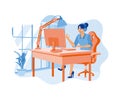 Young woman wearing headset working from home. Developing software using computers.