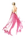 Young woman wearing long evening dress, bride. Watercolor illustration