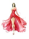 Young woman wearing long evening dress. Catwalk watercolor illustration