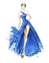 Young woman wearing long evening dress. Catwalk watercolor illustration