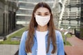 Young woman wearing medical face mask, portrait. Woman wearing surgical mask for corona virus