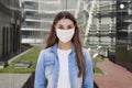Young woman wearing medical face mask, portrait. Woman wearing surgical mask for corona virus