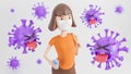 A young woman wearing a medical mask and holding a hand wash alcohol gel surrounded by cute purple colona virus characters crying