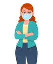 Young woman wearing medical mask and keeping arms crossed. Girl covering face protection from virus epidemic and standing with Royalty Free Stock Photo