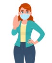 Young woman wearing medical mask and showing stop gesture sign. Girl covering face protection from virus epidemic and gesturing Royalty Free Stock Photo
