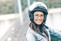 Young woman wearing motorcycle helmet portrait Royalty Free Stock Photo