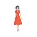 Young Woman Wearing Retro Red Dress, Vintage Fashion People From 70s Vector Illustration On A White Background