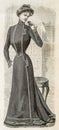 Young woman wearing retro style dress. Vintage fashion engraving Paris