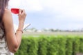 A young woman wearing a sexy white see through nightgown stands by the window with a red cup of coffee in the morning to drink Royalty Free Stock Photo