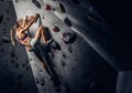 Young woman wearing sportswear practicing rock-climbing on a wall indoors Royalty Free Stock Photo