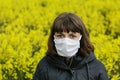 Young woman wearing a surgical protective mask on the background of rapeseed field Royalty Free Stock Photo