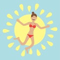 Young woman wearing swimsuit jumping. Sun shining icon. Summer time. Happy girl jump. Cartoon laughing character in red swimming Royalty Free Stock Photo