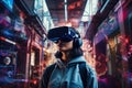 Young woman wearing virtual reality headset against night city background. Mixed media, a person wearing virtual reality glasses, Royalty Free Stock Photo