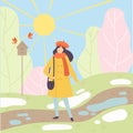 Young Woman Wearing Warm Clothes Standing on Spring Season Background, Season Change From Winter to Spring Vector Royalty Free Stock Photo