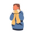 Young woman wearing warm jacket, scarf and mittens freezing and shivering. Girl trying to warm during winter or autumn