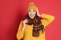 Young woman wearing warm sweater, scarf and hat on red background. Winter season Royalty Free Stock Photo