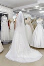 Young woman in wedding dress and veil in bridal shop Royalty Free Stock Photo