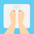 The young woman is weighed on scales. female feet with a pedicure are on an electronic balance
