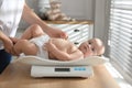 Young woman weighting her cute baby at home, closeup. Health care Royalty Free Stock Photo