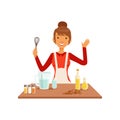 Young woman with whisk baking, housewife girl cooking food in the kitchen flat vector Illustration