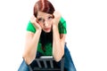 Young woman with white background being bored