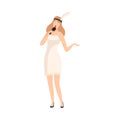 Young Woman in White Dress Singing with Microph Beautiful Female Jazz Singer Vector Illustration Royalty Free Stock Photo