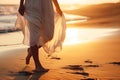 Young woman with a white dress walking on the beach, ai generative illustration Royalty Free Stock Photo