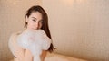 photo of a young woman in white foam relaxing in a hamam Royalty Free Stock Photo