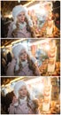 Young woman with white fur cap admiring accessories in Xmas market, cold winter evening. Beautiful blonde girl in winter clothes