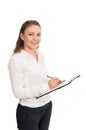 Young woman in a white shirt holds office papers. Isolated