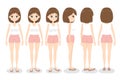 Young woman in white singlet and pink shorts. Front, back, side and 3/4 view, turn around character. Flat cartoon girl. Vector